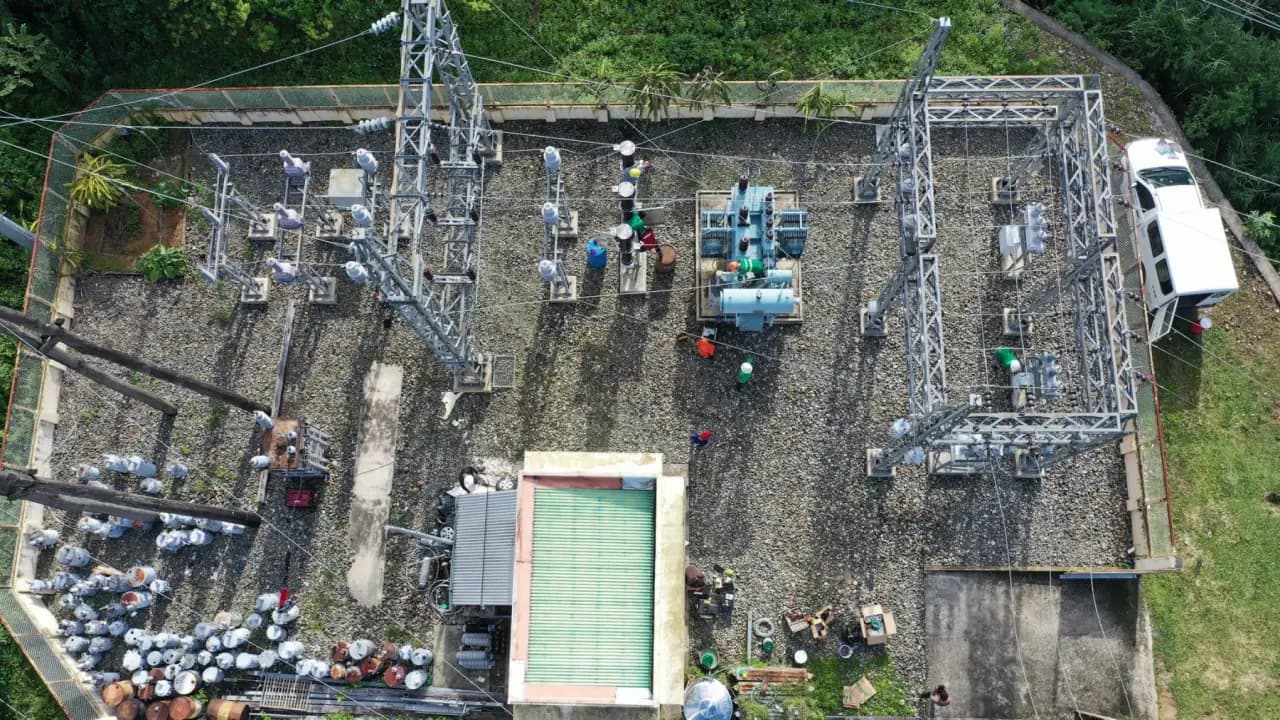 Top-down aerial of a substation showing the equipment layout